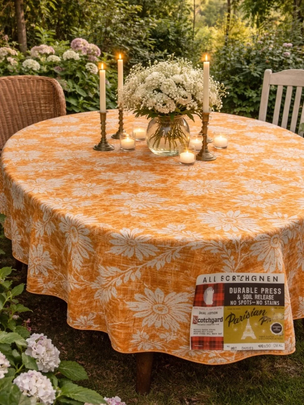 Parisian Prints Pure Linen oval tablecloth vintage daisies USA orange white new